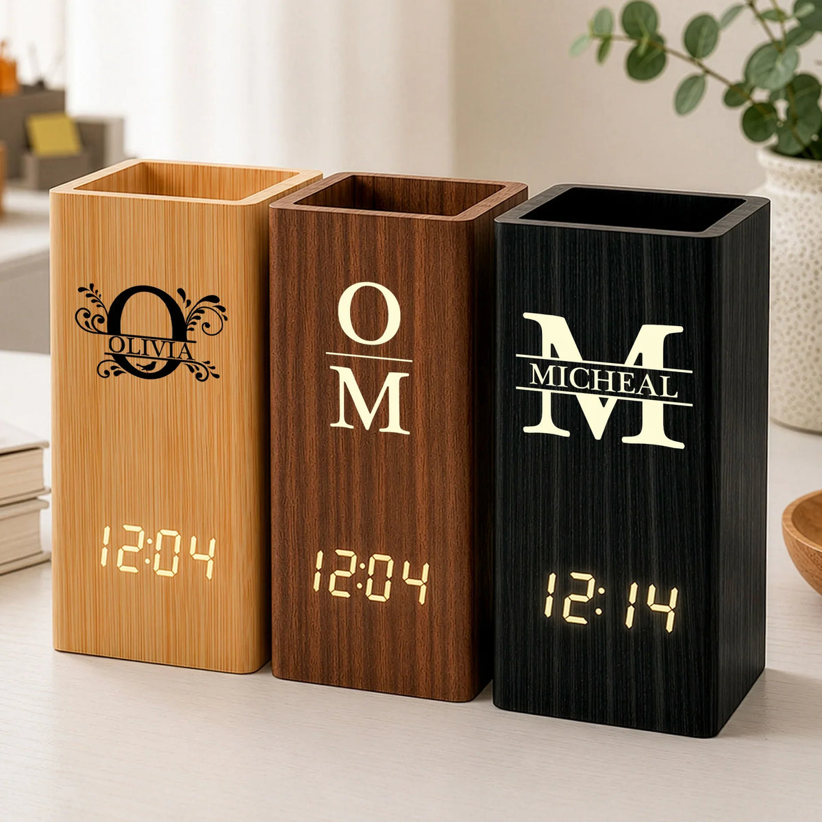 Thoughtful Wooden Pen Holder Clock, Personalized Desk Keepsake, Creative Gift for her him
