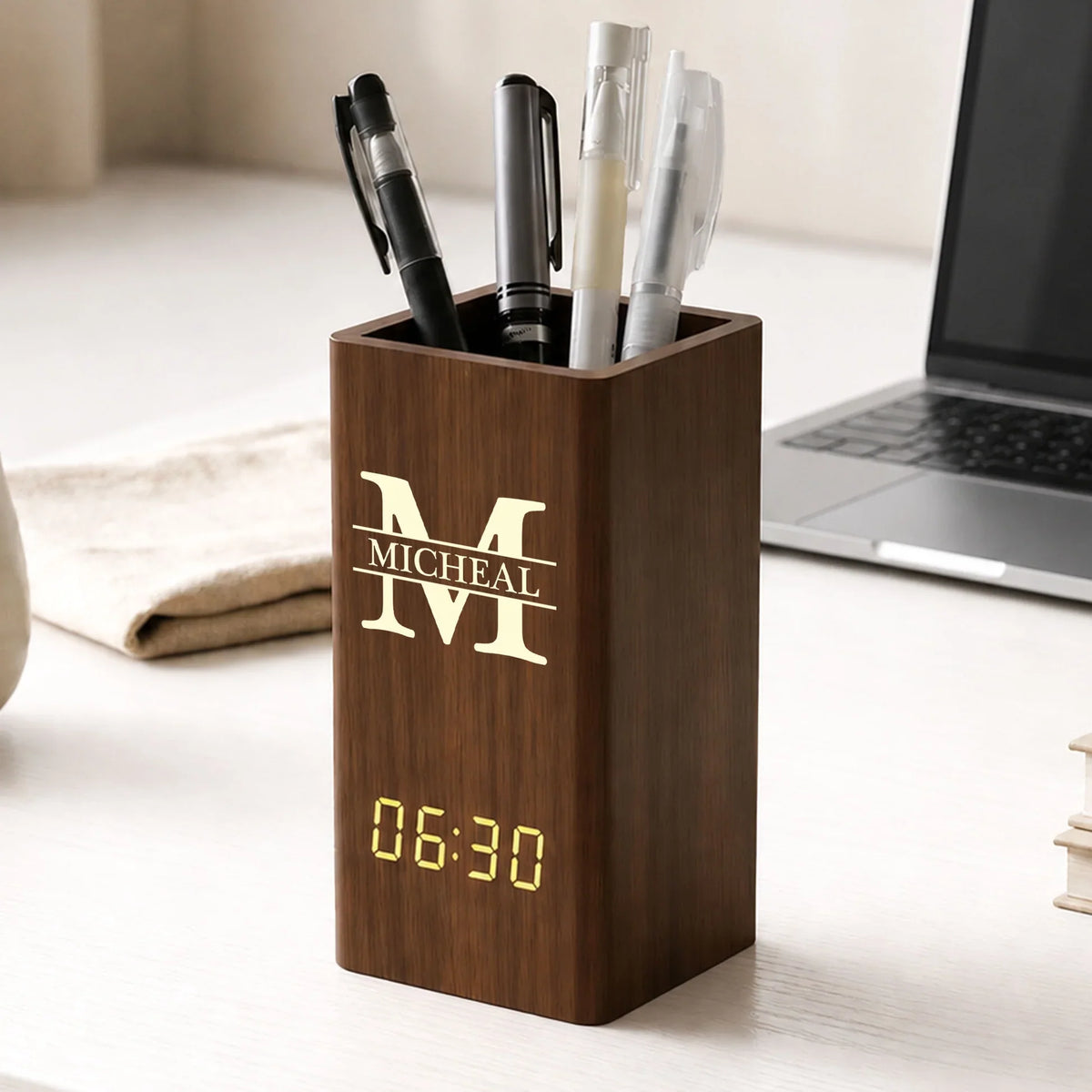 Thoughtful Wooden Pen Holder Clock, Personalized Desk Keepsake, Creative Gift for her him