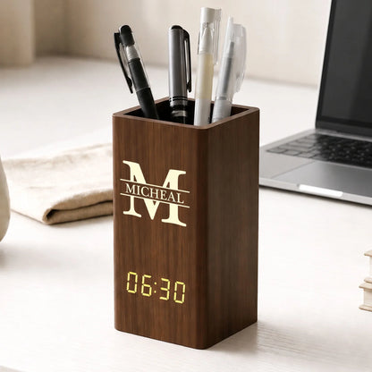 Thoughtful Wooden Pen Holder Clock, Personalized Desk Keepsake, Creative Gift for her him