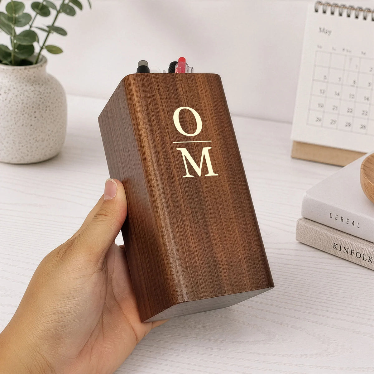 Thoughtful Wooden Pen Holder Clock, Personalized Desk Keepsake, Creative Gift for her him