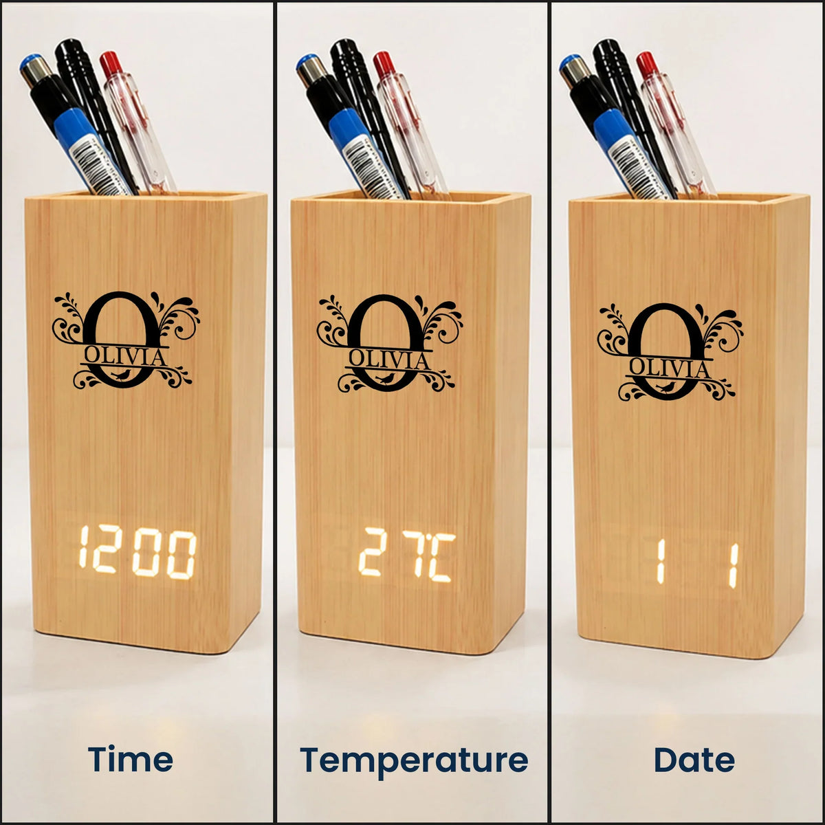 Thoughtful Wooden Pen Holder Clock, Personalized Desk Keepsake, Creative Gift for her him