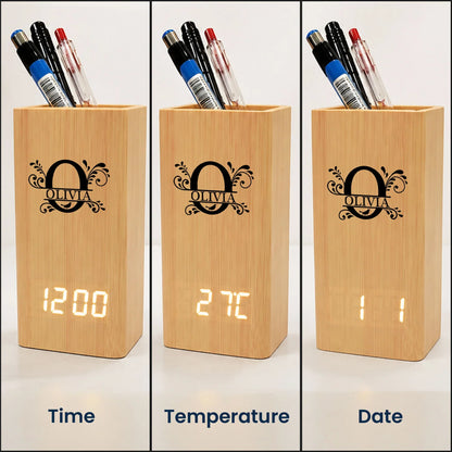 Thoughtful Wooden Pen Holder Clock, Personalized Desk Keepsake, Creative Gift for her him