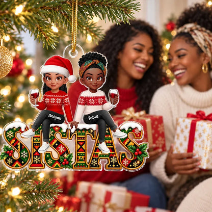 Personalized Acrylic Ornament, Sistas Holding Hands in Festive Sweaters, Unique Christmas Gift for Sisters