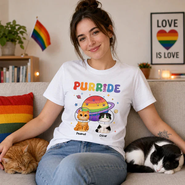 Personalized Purride Cat Classic Tee With Rainbow Space Cats, Unique Gift For Cat Lovers