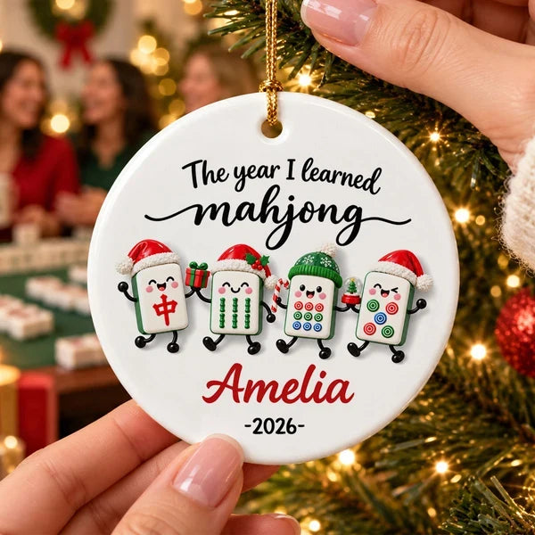 Personalized Ceramic Ornament, Bright Cartoon Mahjong Tiles Waving by a Christmas Tree, Unique Gift for Players