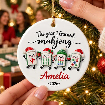 Personalized Ceramic Ornament, Bright Cartoon Mahjong Tiles Waving by a Christmas Tree, Unique Gift for Players