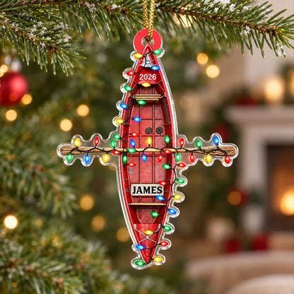 Personalized Red Kayak Acrylic Ornament with Christmas Lights, Unique Gift for Boating Fans