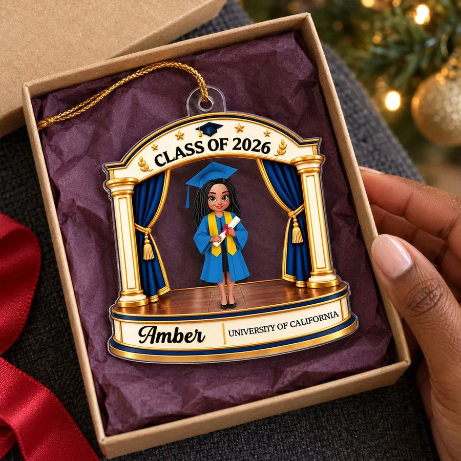Personalized Acrylic Ornament, Female Graduate on Stage, Red and Gold Unique Creative Christmas Gift for Graduate