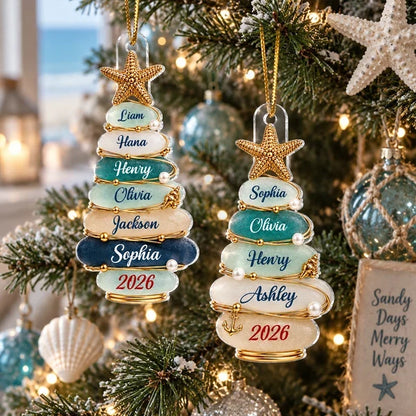 Personalized Acrylic Ornament, Coastal Stone Christmas Tree & Starfish, Unique Family Gift