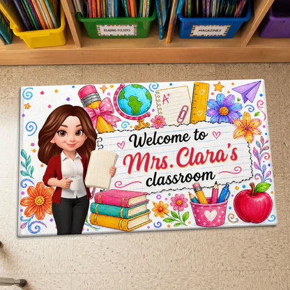 Personalized Standard Doormat for Teacher's Classroom, Watercolor Floral Welcome, Creative Gift for Teachers