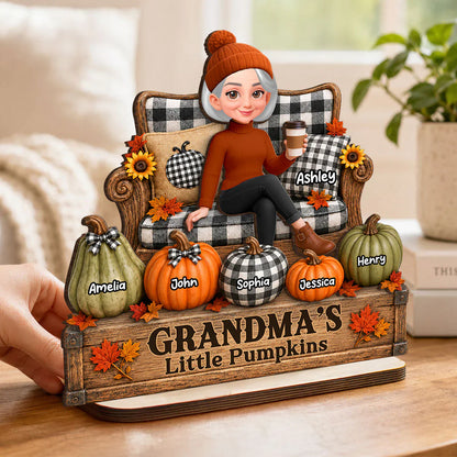 Personalized 2-Layer Wooden Plaque, Seated Grandma & Little Pumpkins Fall Decor, Unique Gift for Grandma