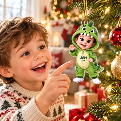 Personalized Acrylic Ornament, Cute Waving Dinosaur Costume Child, Creative Keepsake Gift for Family
