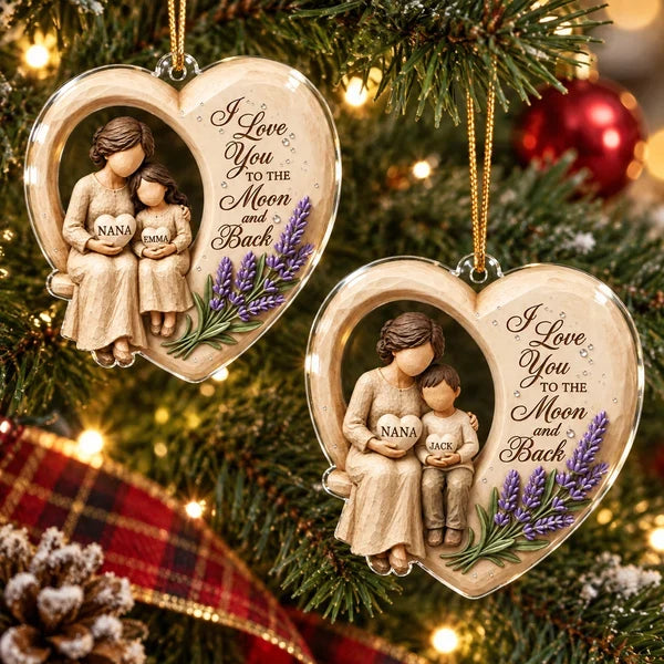 Personalized Acrylic Ornament, Grandma Hugging Granddaughter, Moon and Back Quote, Unique Christmas Gift
