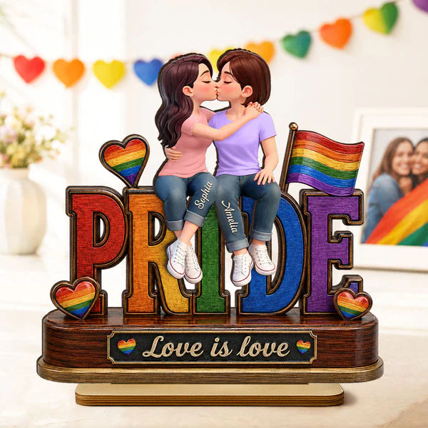 Personalized 2-Layer Wooden Plaque, Same-Sex Couple Kissing, Love Is Love, Unique Gift for Her