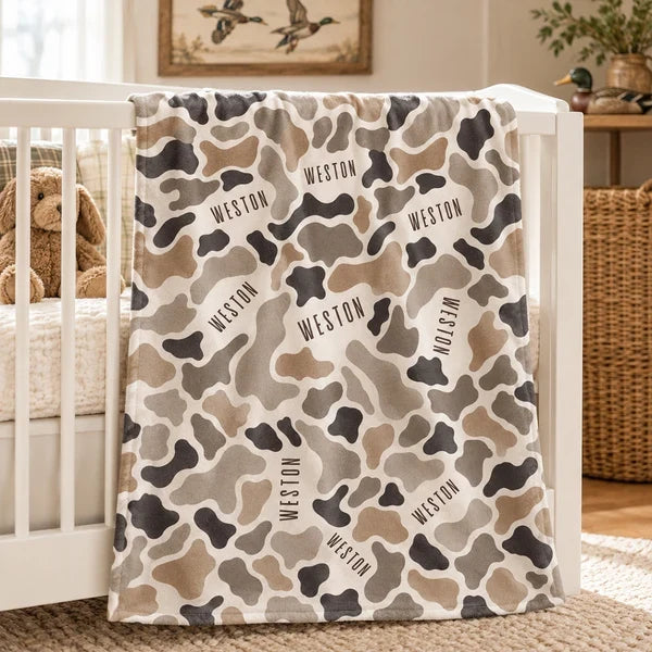 Personalized Neutral Camo Fleece Blanket for Cozy Baby Cuddles, Unique Nursery Gift