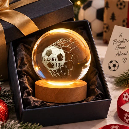 Personalized Globe Lamp, Soccer Ball Hitting the Net in Warm Amber Light, Unique Gift for Soccer Players