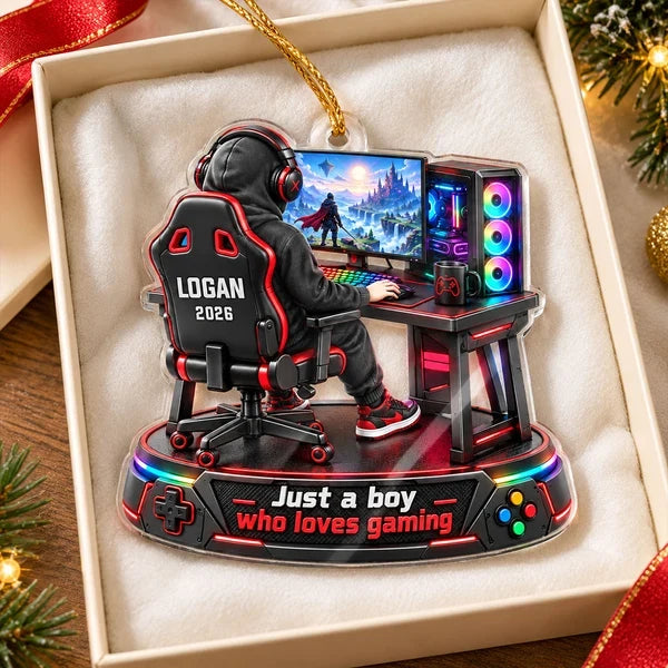 Personalized Acrylic Ornament, Boy Gaming in a Colorful Fantasy Scene, Creative Keepsake Gift for Son or Grandson