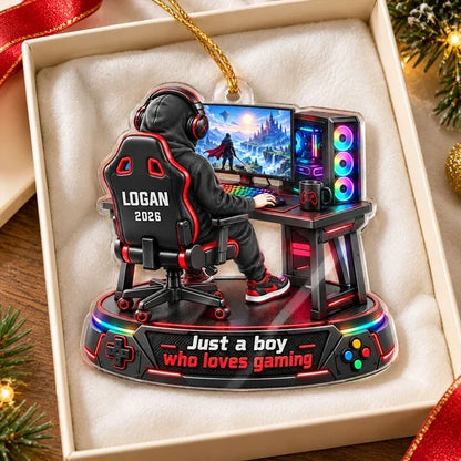 Personalized Acrylic Ornament, Boy Gaming in a Colorful Fantasy Scene, Creative Keepsake Gift for Son or Grandson