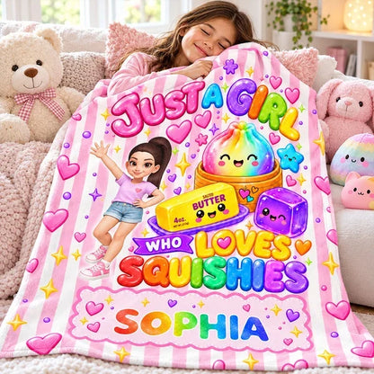 Personalized Fleece Blanket, Waving Girl with Rainbow Squishies, Unique Gift for Daughter