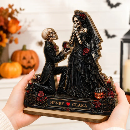 Personalized 2-Layer Wooden Plaque, Skeleton Proposal Halloween Decor, Unique Gift for Couple