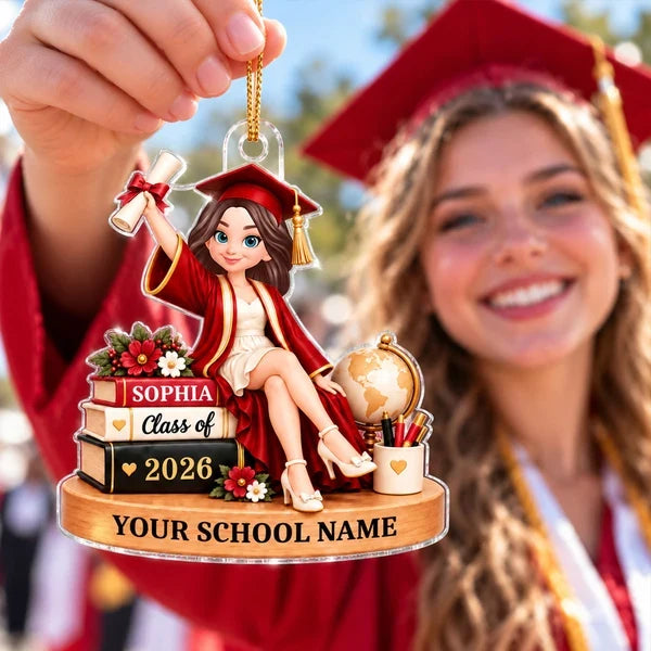 Personalized Graduation Acrylic Ornament, Diploma-Holding Graduate with Books, Creative Keepsake Gift for Her