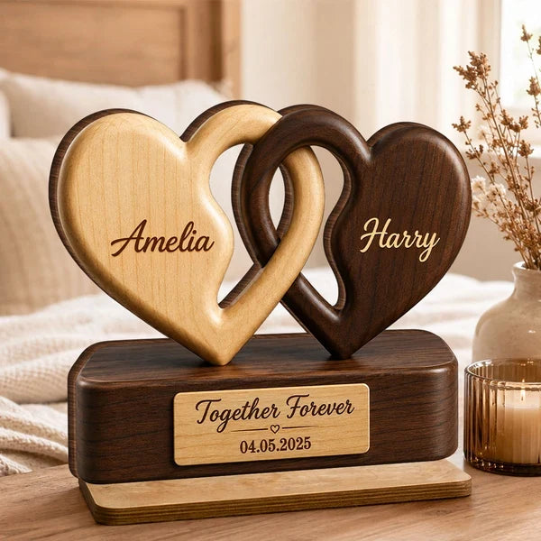 Personalized 2-Layer Wooden Plaque, Interlocking Hearts in Warm Tones, Unique Gift for Couple