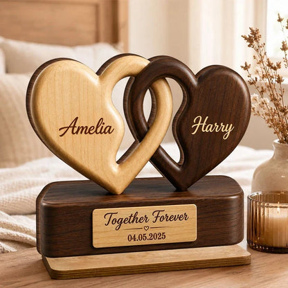 Personalized 2-Layer Wooden Plaque, Interlocking Hearts in Warm Tones, Unique Gift for Couple