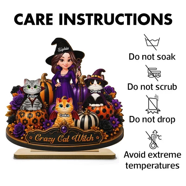 Personalized 2-Layer Wooden Plaque, Witch Posing with Cats and Pumpkins, Unique Halloween Gift for Cat Lovers