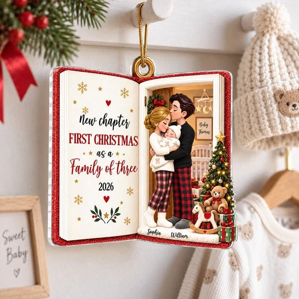 Personalized Acrylic Ornament, New Parents Embracing Baby by Christmas Tree, Unique Keepsake Gift