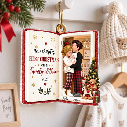 Personalized Acrylic Ornament, New Parents Embracing Baby by Christmas Tree, Unique Keepsake Gift