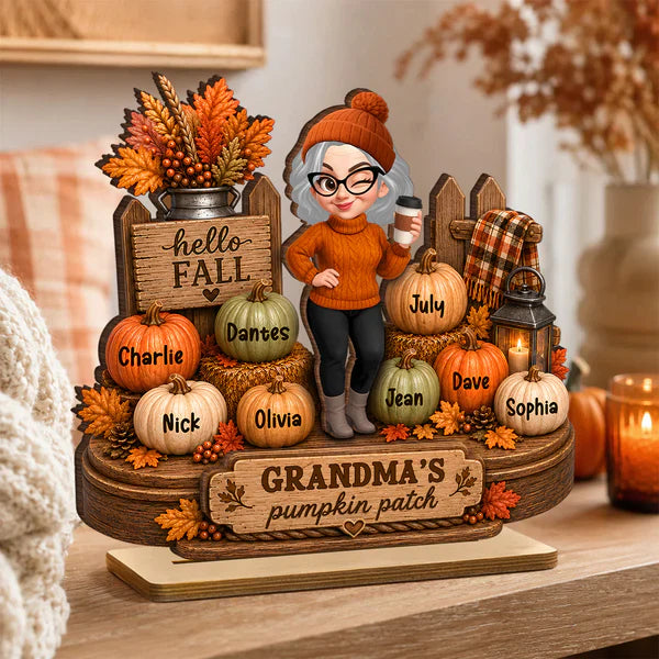 Personalized 2-Layer Wooden Plaque, Grandma Holding Coffee in Fall Pumpkin Patch, Unique Gift for Grandma