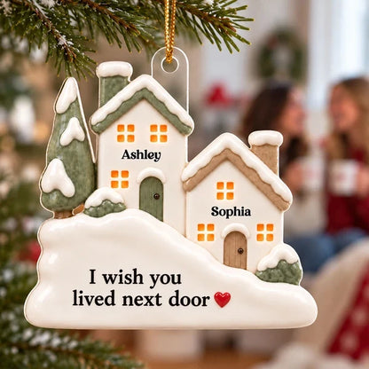 Personalized Acrylic Ornament with Snowy Neighboring Houses, Unique Gift for a Long-Distance Friend