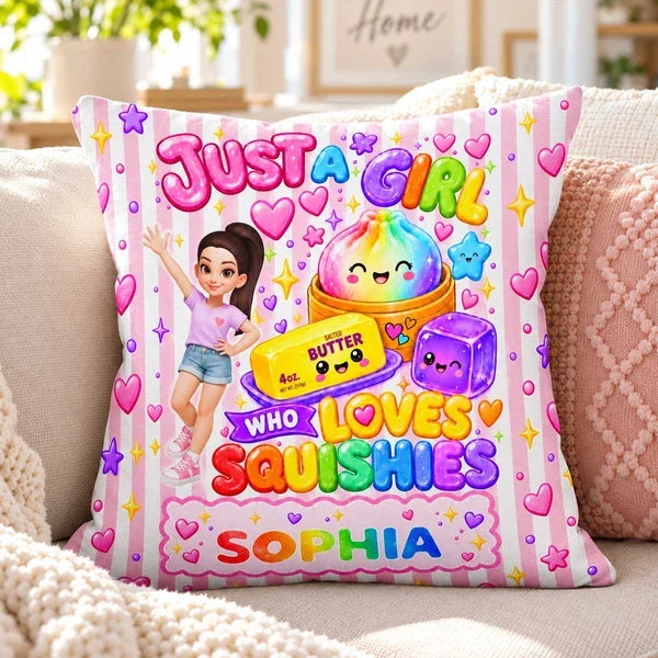 Personalized Square Pillow, Cute Squishy Art With Waving Girl, Pink Rainbow Decor, Unique Gift for Daughter
