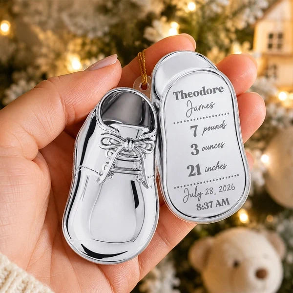 Personalized Acrylic Ornament, Silver Baby Shoe Hanging on a Festive Tree, Creative Keepsake Gift for Mom & Dad
