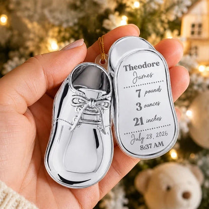 Personalized Acrylic Ornament, Silver Baby Shoe Hanging on a Festive Tree, Creative Keepsake Gift for Mom & Dad