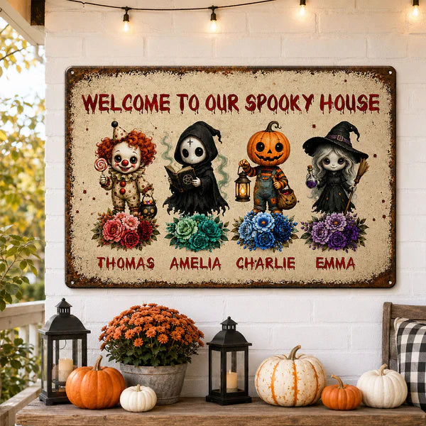 Personalized Rectangular Iron Sign, Welcome To Our Spooky House Halloween Porch Decor, Unique Family Gift