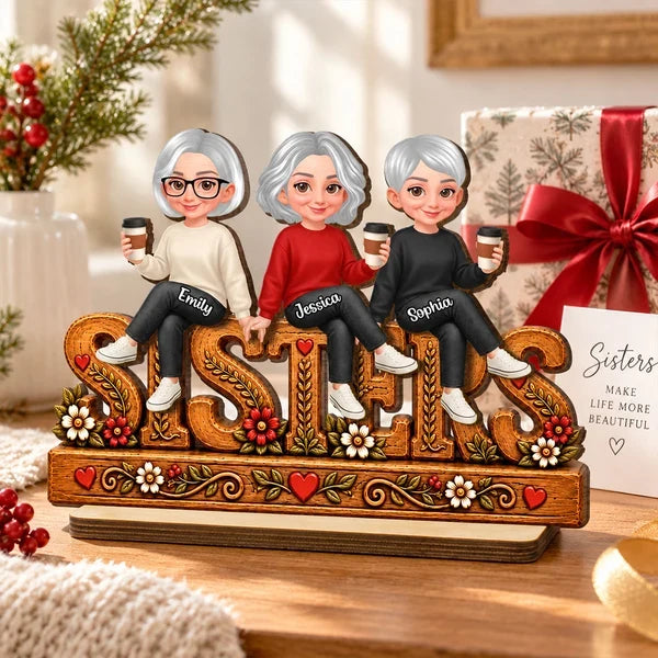 Personalized Wooden Plaque, Sisters Sitting Together with Coffee, Rustic Floral Unique Gift for Sister