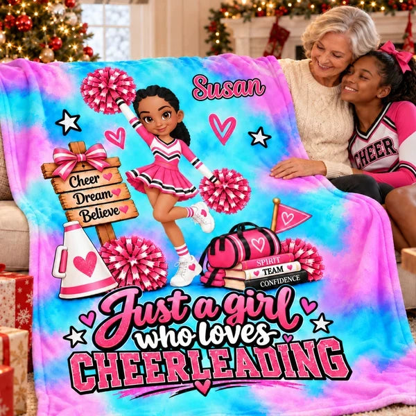 Cheerleading Fleece Blanket with Posing Cheerleader, Personalized Encouraging Creative Gift for Granddaughter