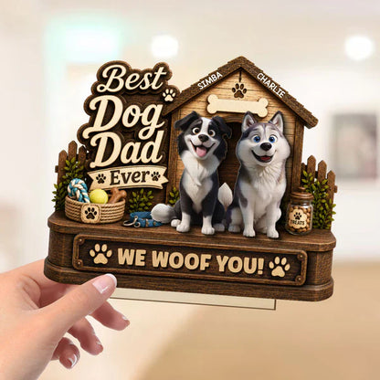 Personalized 2-Layer Wooden Plaque, Smiling Dogs by Doghouse, Unique Gift for Dog Dad