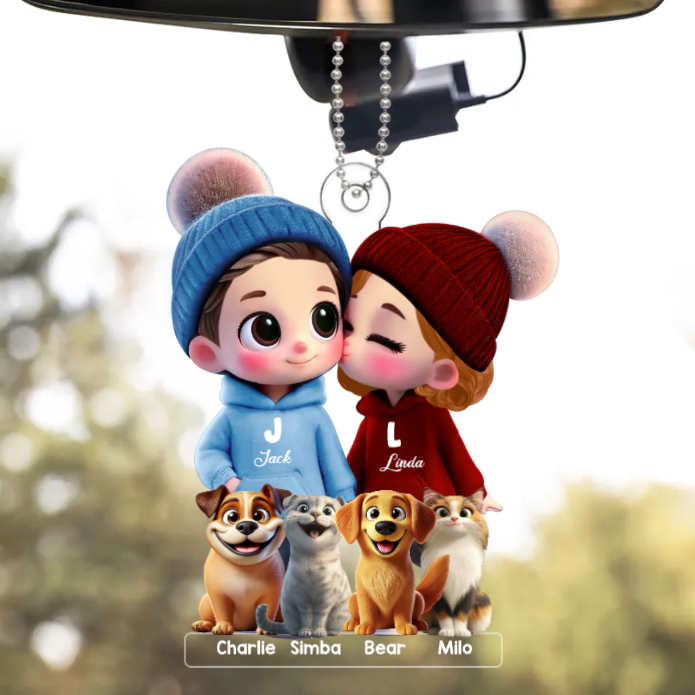 Cute Couple Car Hanger – Perfect Anniversary or Valentine's Day Gift with Personalized Names and Animal Designs