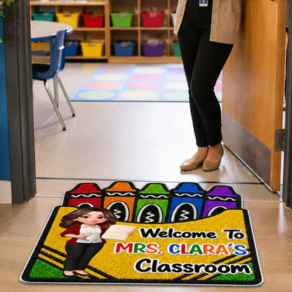 Personalized Shaped Doormat With Crayon Box Art, Cartoon Teacher Holding Notebook, Unique Teacher Gift