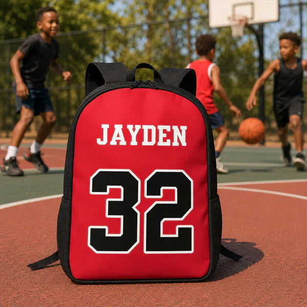 Personalized Kids School Backpack, Red Basketball Jersey Style, Unique Gift for Young Sports Fans
