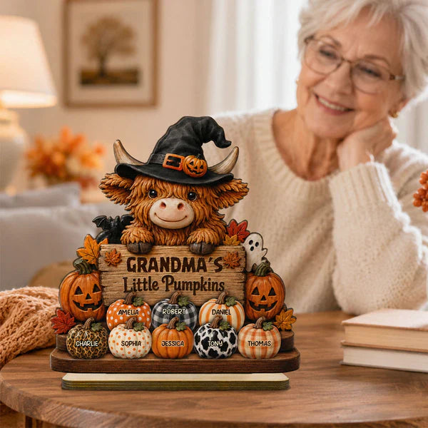 Personalized Highland Cow 2-Layer Wooden Plaque, Grandma's Little Pumpkins Fall Decor, Unique Gift for Grandma
