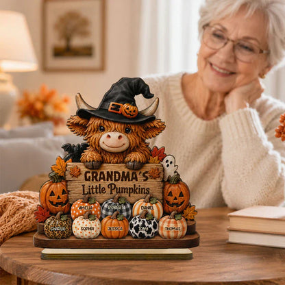 Personalized Highland Cow 2-Layer Wooden Plaque, Grandma's Little Pumpkins Fall Decor, Unique Gift for Grandma