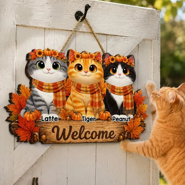 Personalized Wooden Sign, Cozy Cartoon Cats in Autumn Leaves, Creative Housewarming Gift for Cat Owners