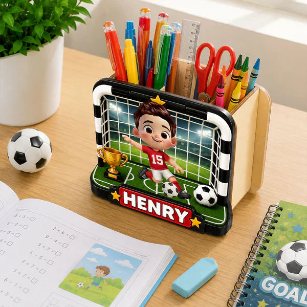 Personalized Wooden Pen Holder With Cute Soccer Kid, Unique Creative Gift For School Desk