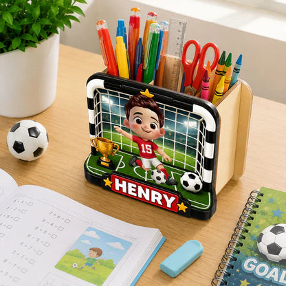 Personalized Wooden Pen Holder With Cute Soccer Kid, Unique Creative Gift For School Desk