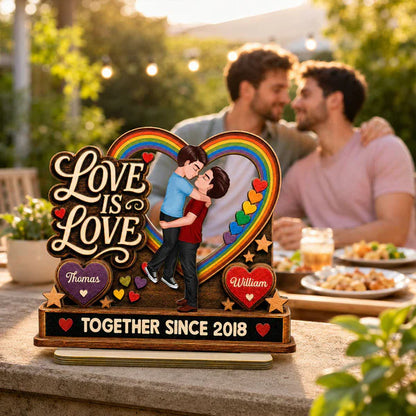 Personalized 2-Layer Wooden Plaque, Kissing LGBTQ Couple With Rainbow Heart, Unique Gift for Partner