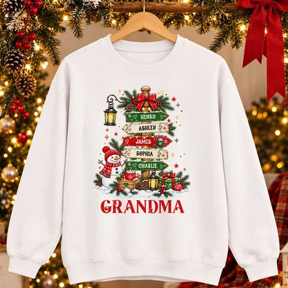Personalized Grandma Classic Tee, Christmas Signpost Art in Festive Red & Green, Unique Gift for Grandma