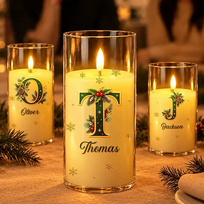 Personalized LED Candle Light, Warm Gold Holly Design, Unique Christmas Gift for Family